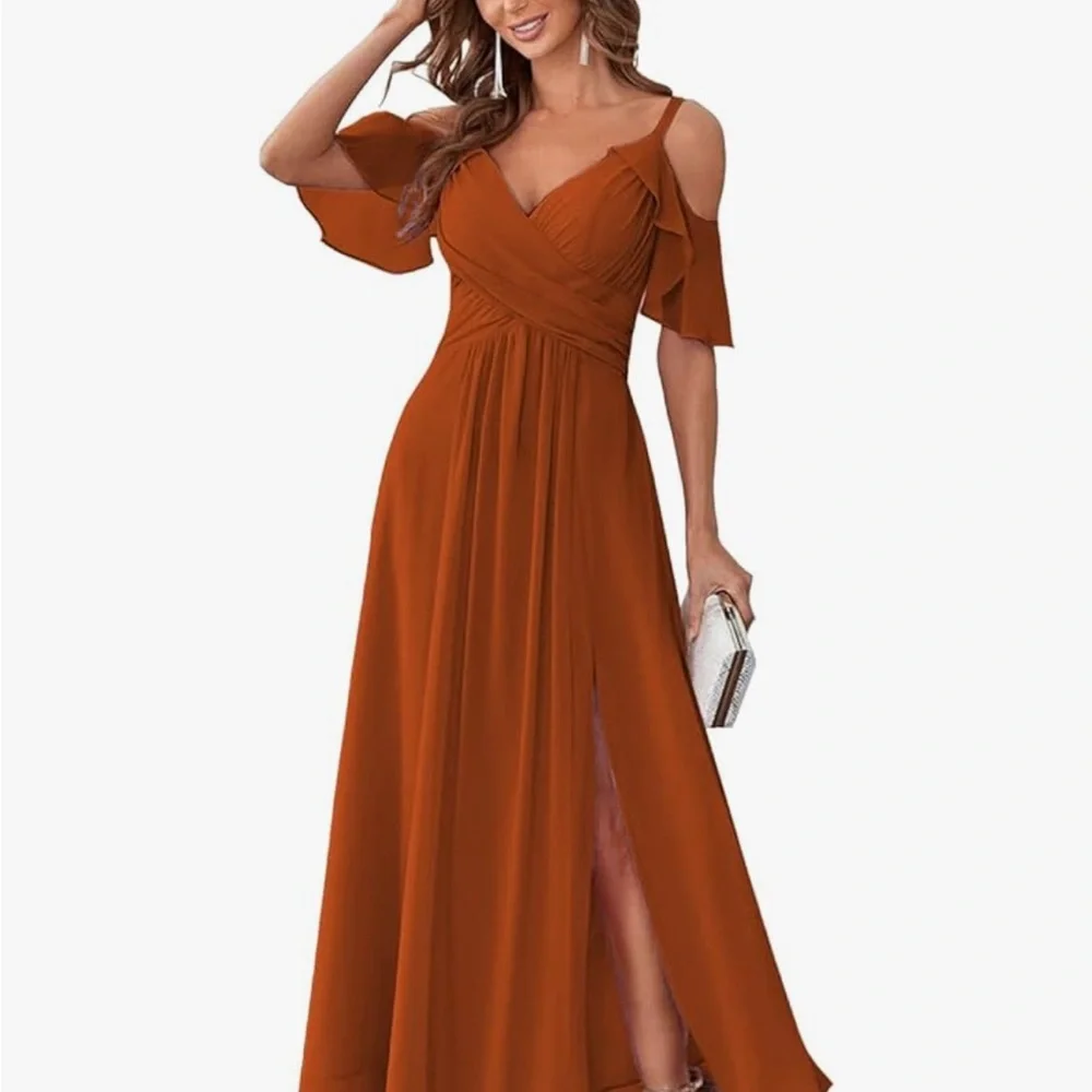 Burnt Orange Maxi Dress with Ruched Bodice and Flutter Sleeves - Picture 1 of 6